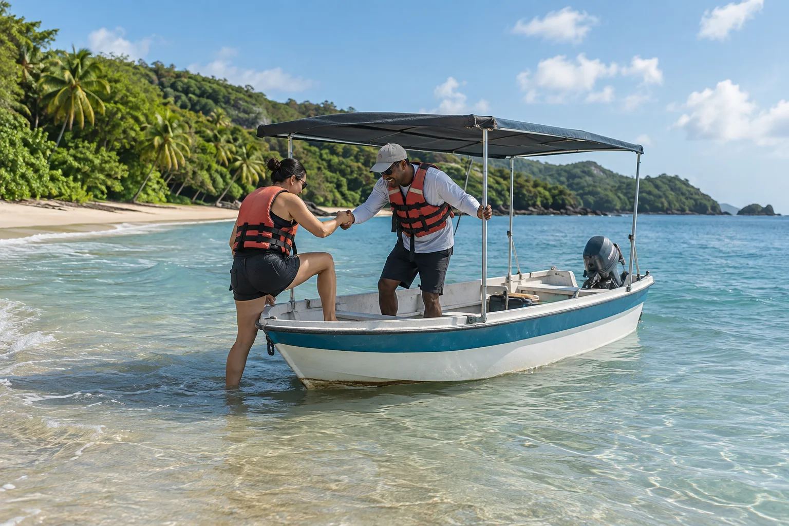 Guide helping a guest board a small boat from a shallow sandy beach