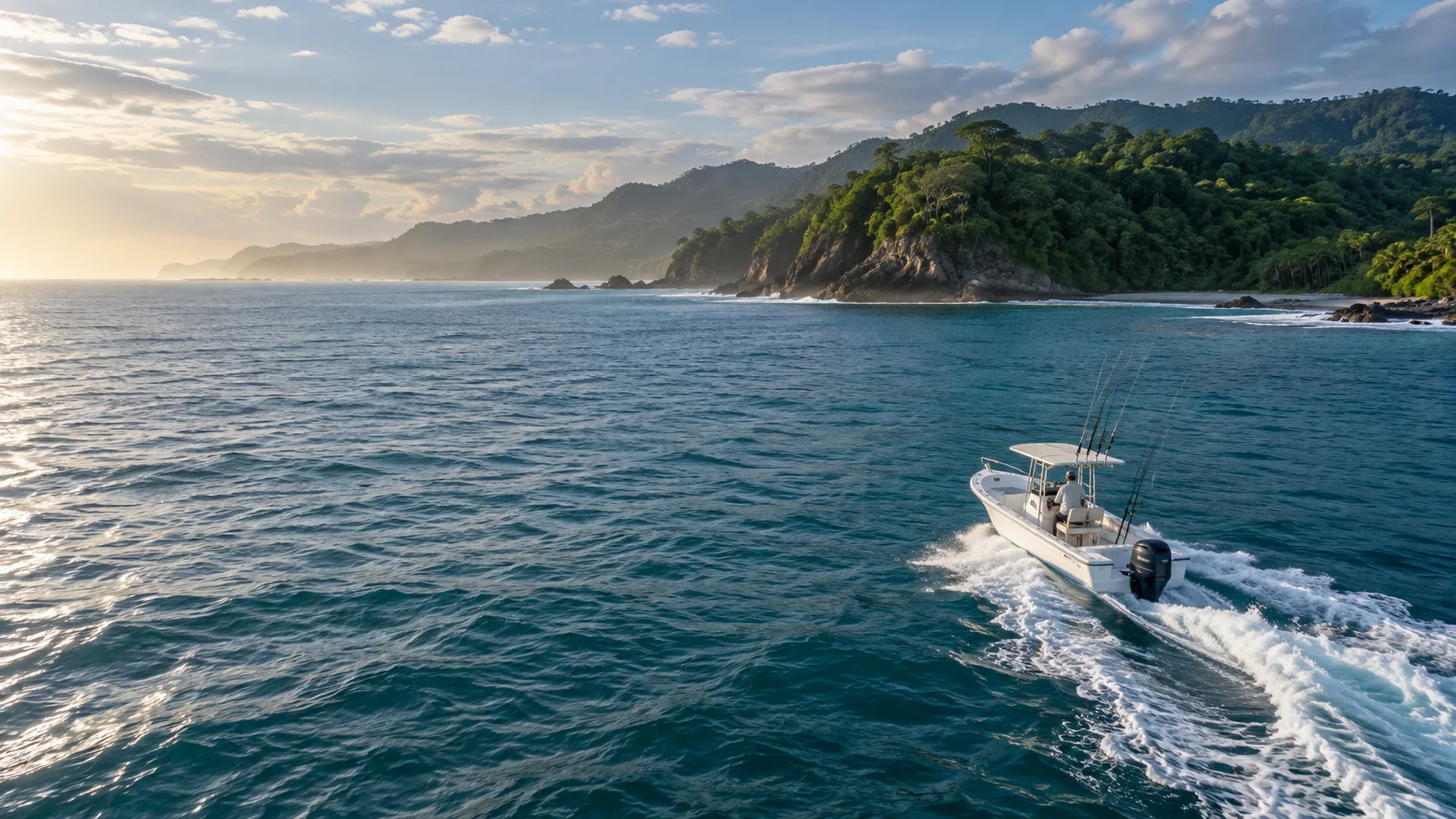 Barca da pesca aperta lungo una costa tropicale